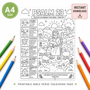 Pode incluir: Uma página de colorir imprimível em A4 a preto e branco com o Salmo 23, apresentando ilustrações de um pastor, ovelhas e paisagens. A página inclui seis secções numeradas com versículos e um desenho central, rodeada por lápis de cor.