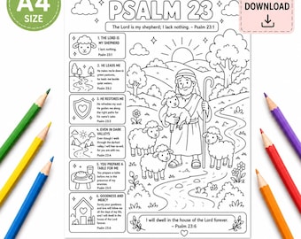Psalm 23 Printable Coloring Page, The Lord Is My Shepherd Bible Activity, Christian Kids Worksheet, Sunday School PDF