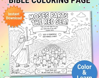 Moses Parting the Red Sea | Bible Coloring Page for Kids | Moses Sunday School Activity | Christian Homeschool PDF | Moses Coloring Page