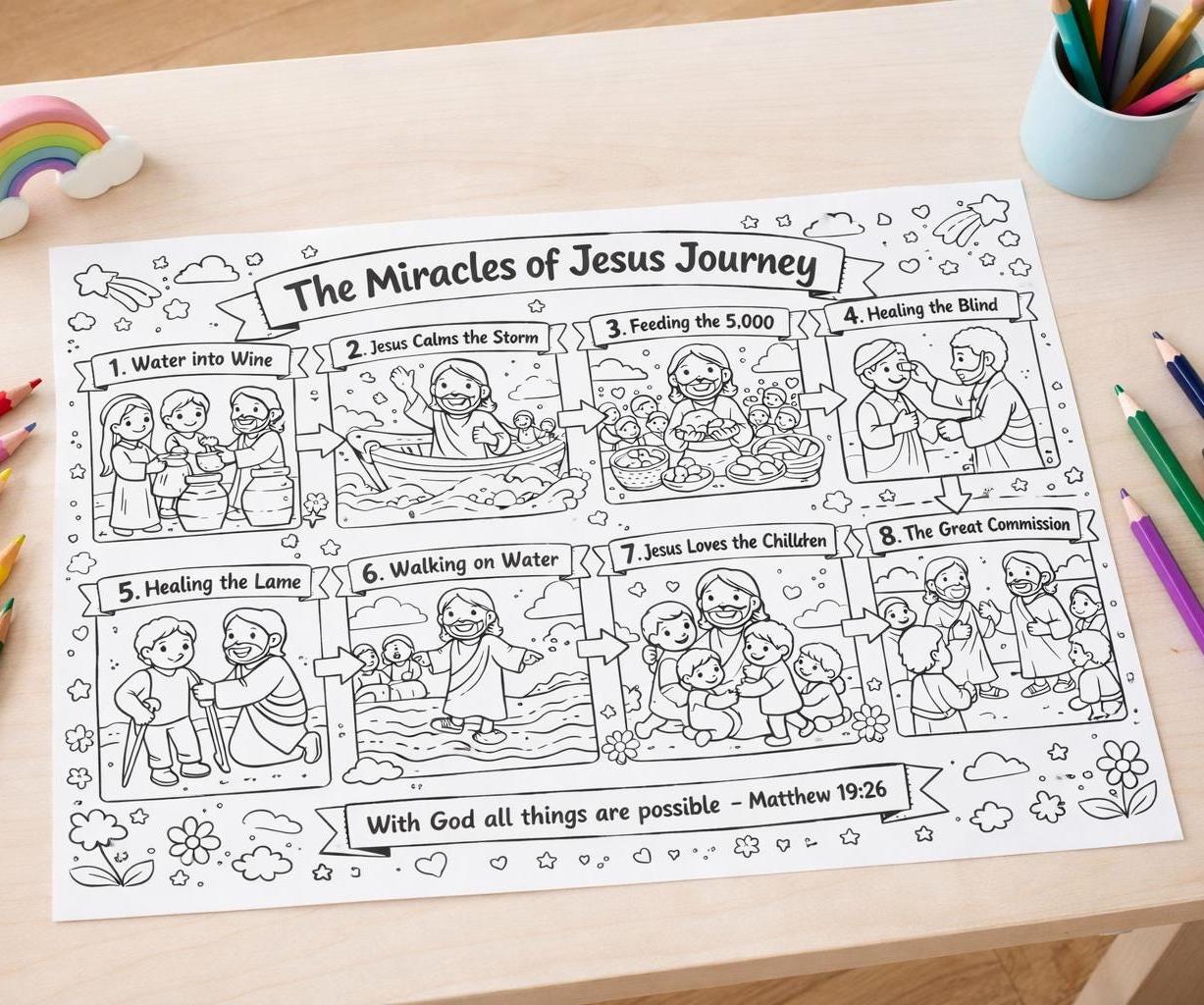 Jesus Miracles Coloring Page Printable, Bible Story Activity for Kids ...