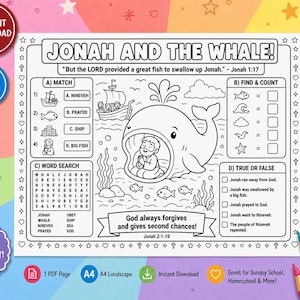 Può includere: Una pagina da colorare stampabile in bianco e nero intitolata "Giona e la balena!" con varie attività. Include un gioco di abbinamento, trova e conta, una ricerca di parole e domande vero o falso. Presenta il testo "Dio perdona sempre e dà seconde possibilità!"