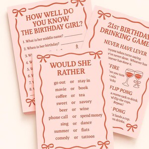 May include: Pink party game cards with red text and bow illustrations. The cards include games like "How Well Do You Know The Birthday Girl?" and "21st Birthday Drinking Game."