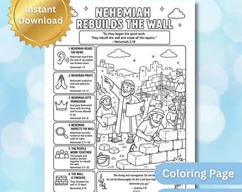 Nehemiah Rebuilds the Wall Coloring Page Bible Lesson for Kids | Nehemiah Printable Activity Sheet | Sunday School Worksheet | Christian