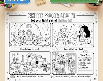 Shine Your Light Printable Pack | Matthew 5:16 Bible Study Worksheet + Coloring Page for Kids | Sunday School Activity |