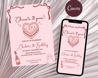 21st Birthday Invitation Template: Pink Coquette Bow Party Invite (Editable Canva Template)