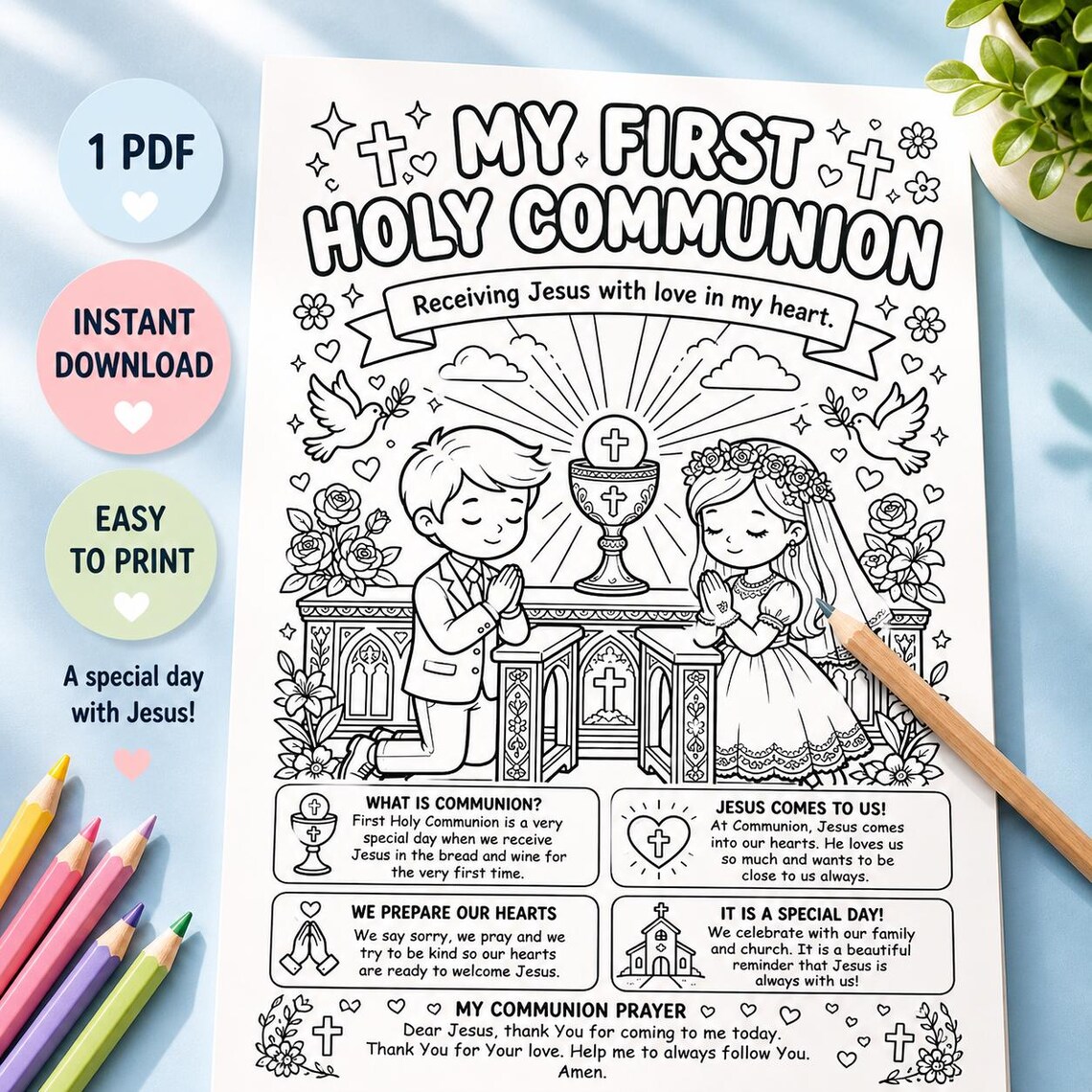 First Holy Communion Coloring Page for Kids | Christian Printable ...