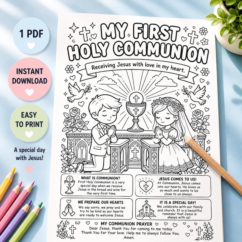 First Holy Communion Coloring Page for Kids | Christian Printable ...