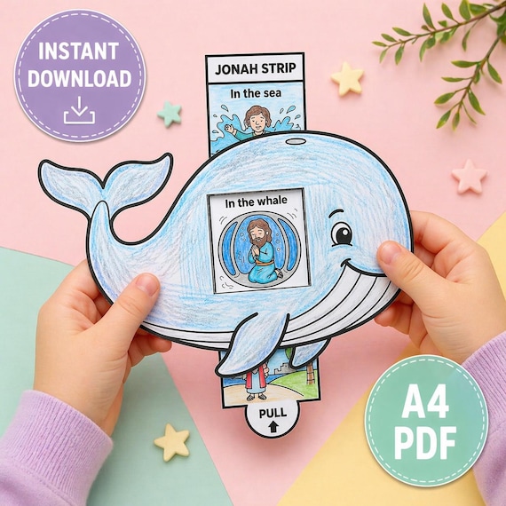 Jonah & The Whale Craft Printable – Bible Story Slider Activity – Sunday School Craft – Kids Christian Activity – A4 PDF Instant Download