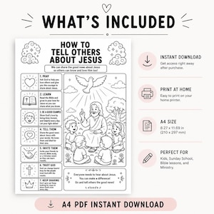 Puede incluir: Hoja educativa imprimible en blanco y negro titulada "C&oacute;mo contarles a otros sobre Jes&uacute;s". La ilustraci&oacute;n presenta a Jes&uacute;s ense&ntilde;ando a los ni&ntilde;os, con texto que explica c&oacute;mo compartir las buenas noticias. Incluye informaci&oacute;n de tama&ntilde;o A4 (210 x 297 mm).