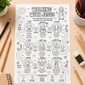 May include: A black and white coloring page titled Walking With Jesus featuring nine circular illustrations with text prompts for daily spiritual activities, surrounded by decorative sun, cloud, flower, and butterfly line art drawings.