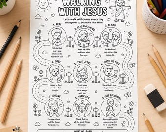 Walking With Jesus Coloring Page for Kids | Christian Bible Activity Sheet | Printable Sunday School Worksheet | Faith Based Kids Activity
