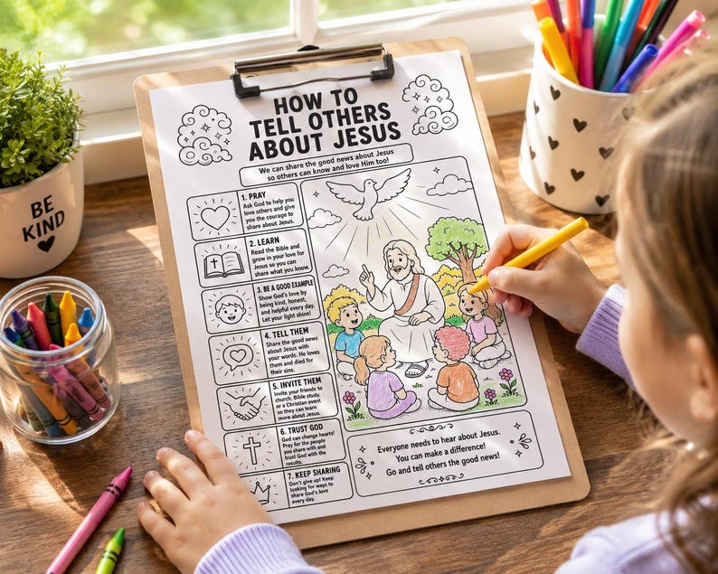 Puede incluir: Un ni&ntilde;o colorea una ilustraci&oacute;n en blanco y negro en un portapapeles. La ilustraci&oacute;n, titulada "C&oacute;mo contar a otros sobre Jes&uacute;s", representa a Jes&uacute;s con ni&ntilde;os. Tambi&eacute;n se ven una peque&ntilde;a planta en maceta y un tarro de crayones.