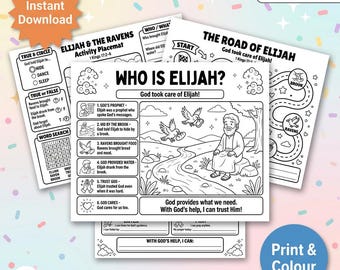 Elijah 3 page Bundle Printable Bible Lesson | Elijah Coloring Page | Sunday School Activity | Homeschool Bible Worksheet | Christian Kids