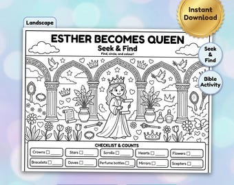 Esther Becomes Queen Seek & Find Printable | Bible Activity for Kids | Find, Circle and Color Game | Sunday School