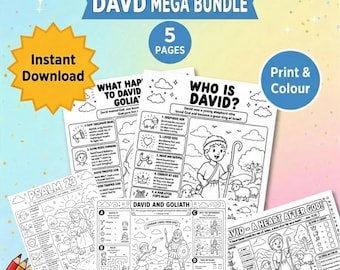 David Bible Activities Mega Bundle | 5 Printable Christian Worksheets for Kids | Psalm 23, David & Goliath, Bible Coloring Pages |