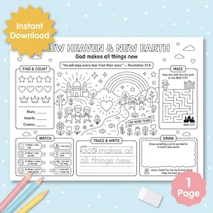 May include: A black and white printable activity sheet titled New Heaven & New Earth featuring a central illustration of children, a rainbow, and a castle, surrounded by sections for finding and counting, a maze, matching, tracing, and drawing.