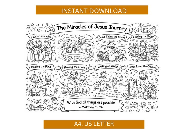 Jesus Miracles Coloring Page Printable, Bible Story Activity for Kids ...