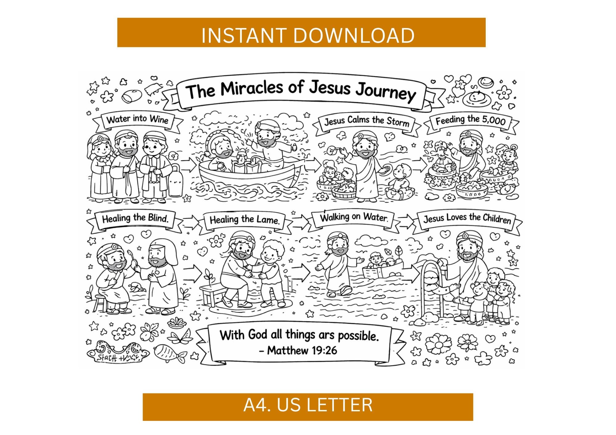Jesus Miracles Coloring Page Printable, Bible Story Activity for Kids ...