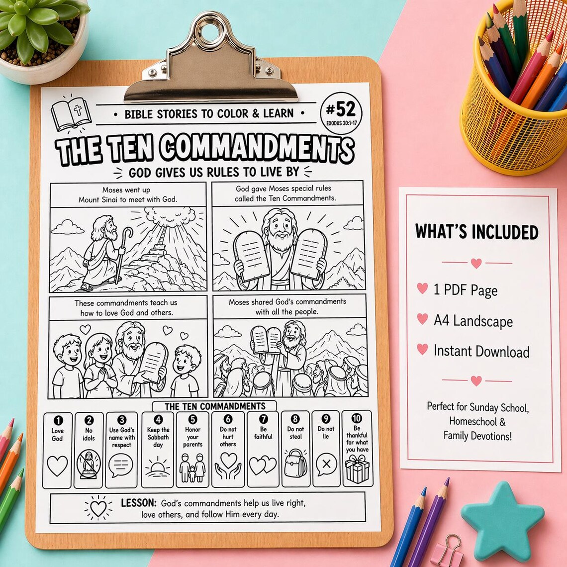 The Ten Commandments Coloring Page for Kids | Bible Story Activity ...
