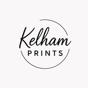 May include: A minimalist logo design featuring the name "Kelham" in a cursive font, enclosed within a black circular frame. Below, the word "PRINTS" is displayed in a simple, sans-serif font. The design is set against a plain white background.