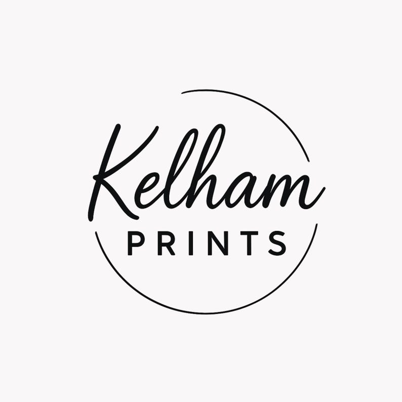 May include: A minimalist logo design featuring the name "Kelham" in a cursive font, enclosed within a black circular frame. Below, the word "PRINTS" is displayed in a simple, sans-serif font. The design is set against a plain white background.