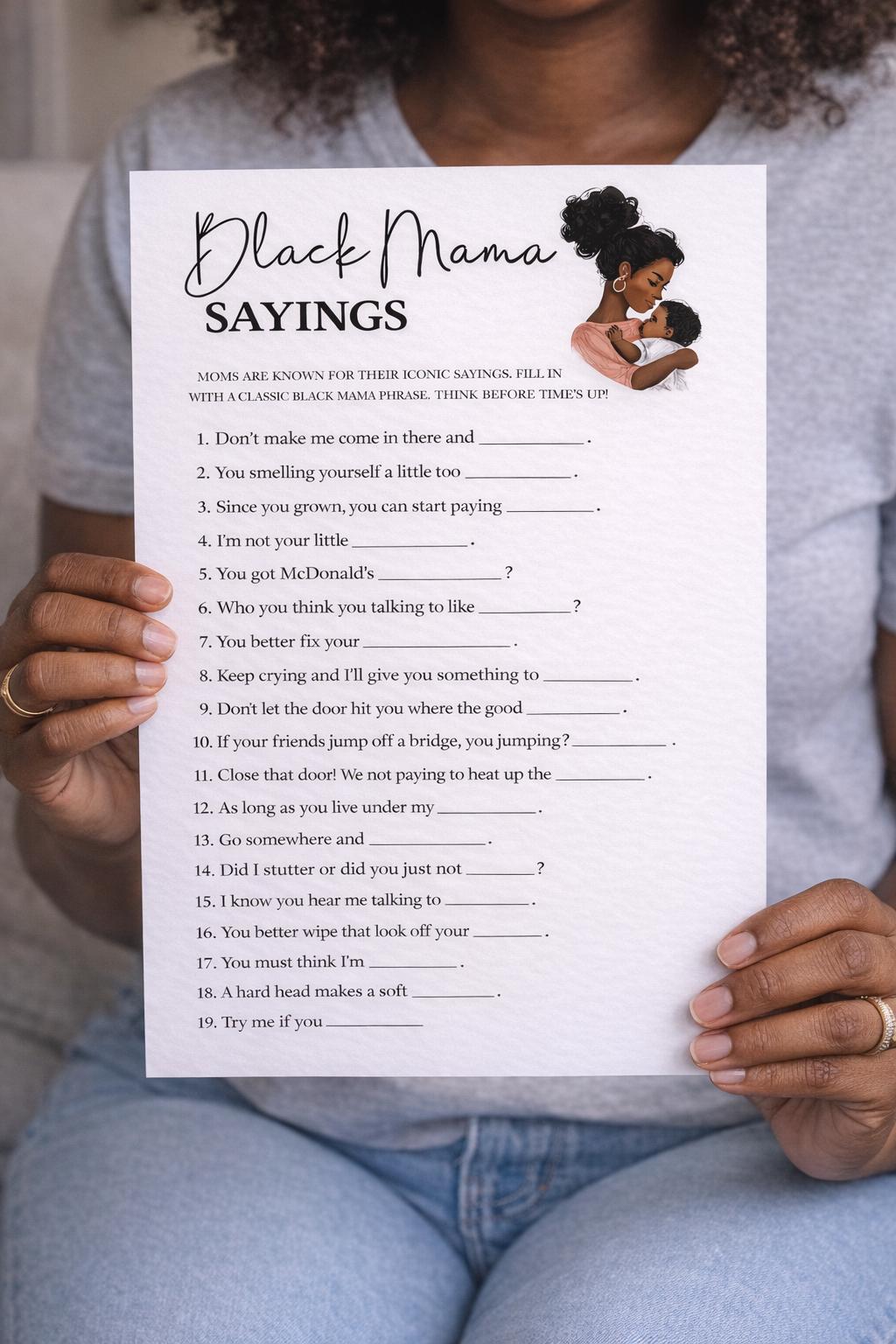 Black Mama Sayings Game, Black Baby Shower Game + ANSWER SHEET , Fun ...