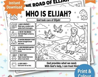 Elijah 2 page Bundle Printable Bible Lesson | Elijah Coloring Page | Sunday School Activity | Homeschool Bible Worksheet | Christian Kids