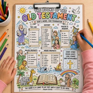May include: A coloring page titled "The Books of the Old Testament" with illustrated biblical figures and text. The page includes sections for The Law, History, Poetry & Wisdom, and Major and Minor Prophets. A hand is coloring the page with a blue pencil.