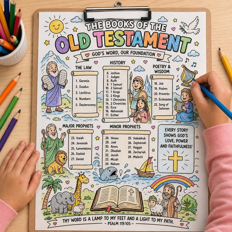 May include: A coloring page titled "The Books of the Old Testament" with illustrated biblical figures and text. The page includes sections for The Law, History, Poetry & Wisdom, and Major and Minor Prophets. A hand is coloring the page with a blue pencil.
