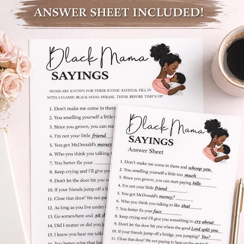 Black Mama Sayings Game, Black Baby Shower Game + ANSWER SHEET , Fun ...