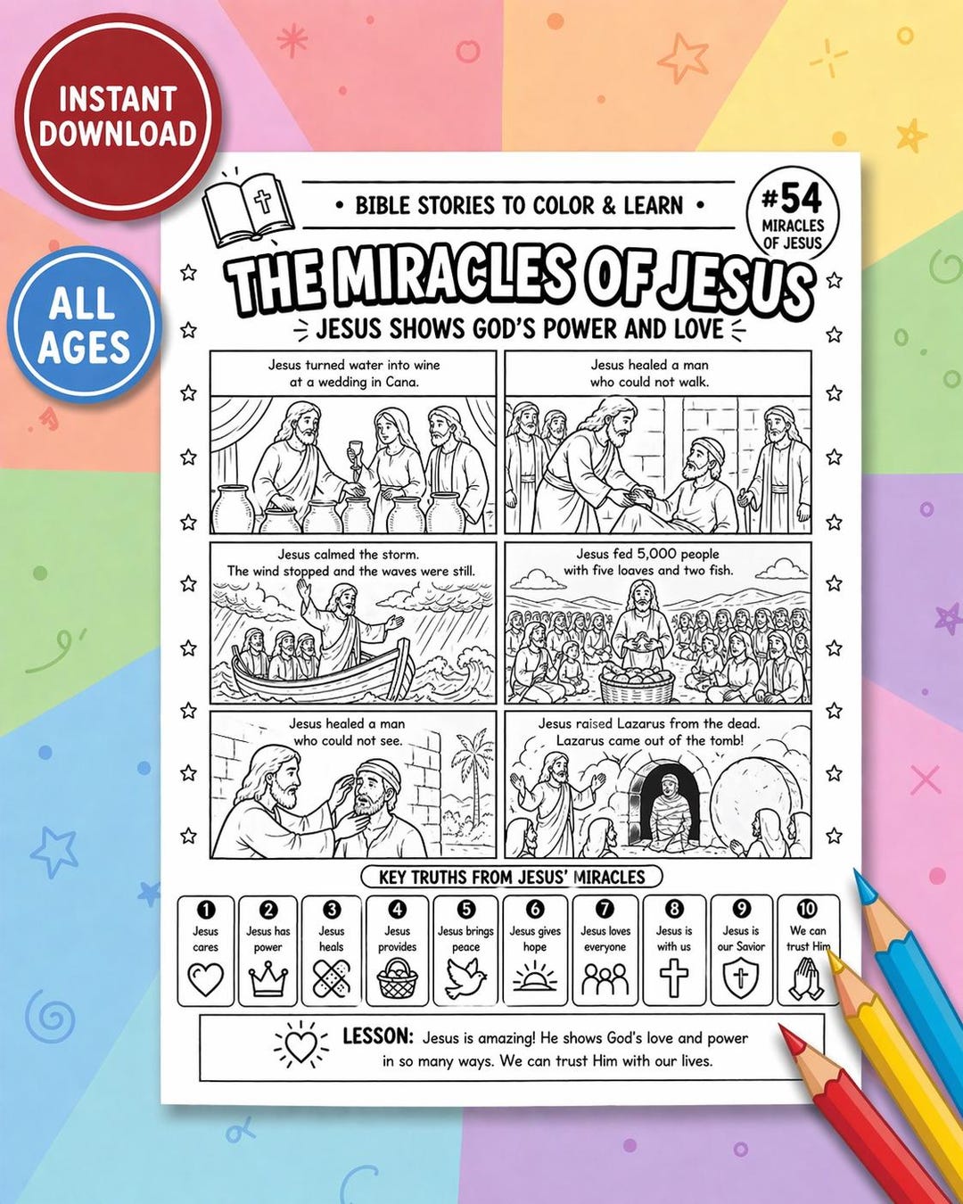 Miracles of Jesus Coloring Page Printable | Bible Story Activity Sheet ...