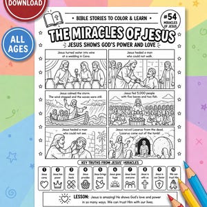 Jesu mirakel målarbild utskrivbar | Bibelberättelseaktivitetsblad för barn | Kristet arbetsblad i A4-format för söndagsskolan i PDF-format