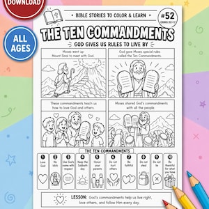 May include: A black and white colouring page titled "The Ten Commandments" with illustrations of Moses, the Ten Commandments, and related scenes. Includes the text "God Gives Us Rules to Live By" and "All Ages."