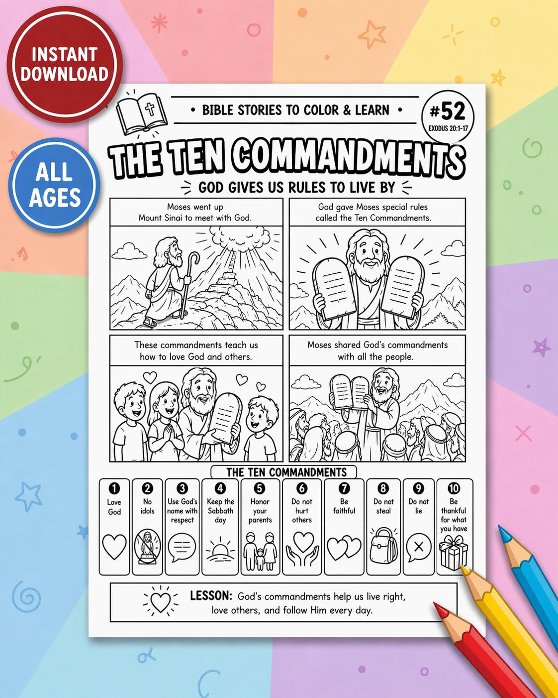 The Ten Commandments Coloring Page for Kids | Bible Story Activity ...
