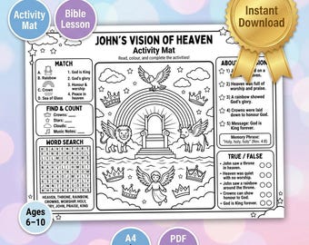 John’s Vision of Heaven Activity Mat Printable | Bible Coloring + Games | Revelation 4–5 | Sunday School Worksheet