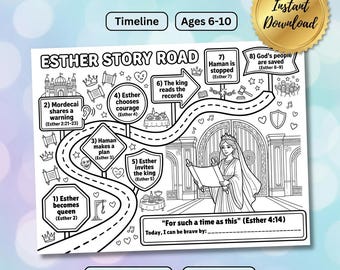 Esther Story Road Timeline Printable | Bible Story Coloring Page + 8-Step Timeline | For Such a Time as This