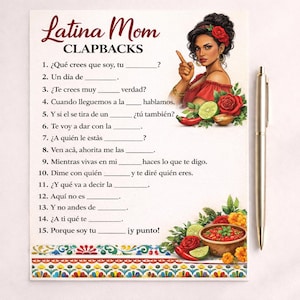 Könnte beinhalten: Ein Spielblatt für 'Latina Mom Clapbacks' mit Lückentextfragen auf Spanisch. Das Design zeigt eine Illustration einer Frau, eine Schüssel Salsa und einen Stift in einem farbenfrohen Design.