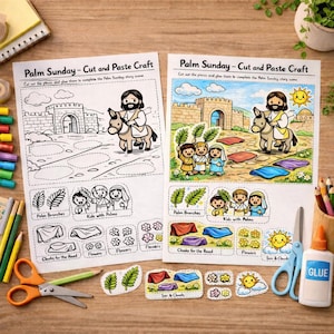 Manualidad de recortar y pegar para el Domingo de Ramos + Página para colorear, Actividad de Semana Santa para niños, Lección imprimible de Pascua para la escuela dominical, Aula cristiana