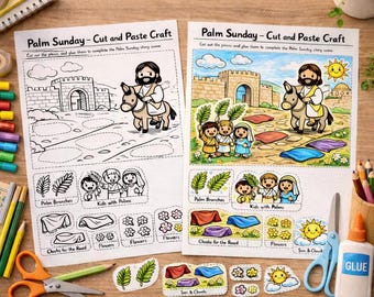 Palm Sunday Cut and Paste Craft + Coloring Page, Holy Week Activity for Kids, Printable Sunday School Easter Lesson, Christian Classroom