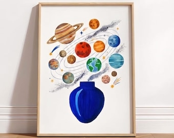 Lámina de planetas en acuarela: Habitación infantil espacial caprichosa, arte Dark Academia.