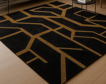 Hand-Tufted Black & Gold Geometric Wool Rug | Modern Luxury Area Carpet |