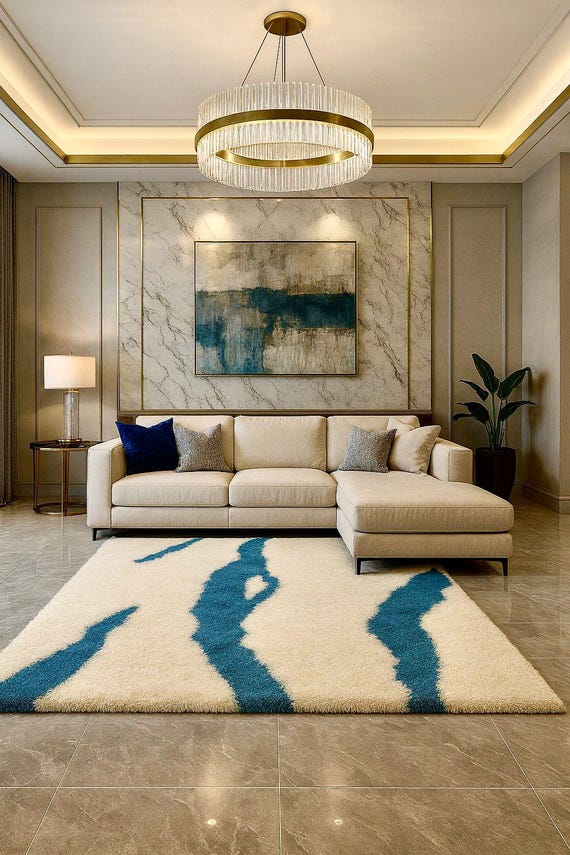 Hand-Tufted Modern Wool Rug – Cream & Blue Abstract Pattern Carpet for Living Room
