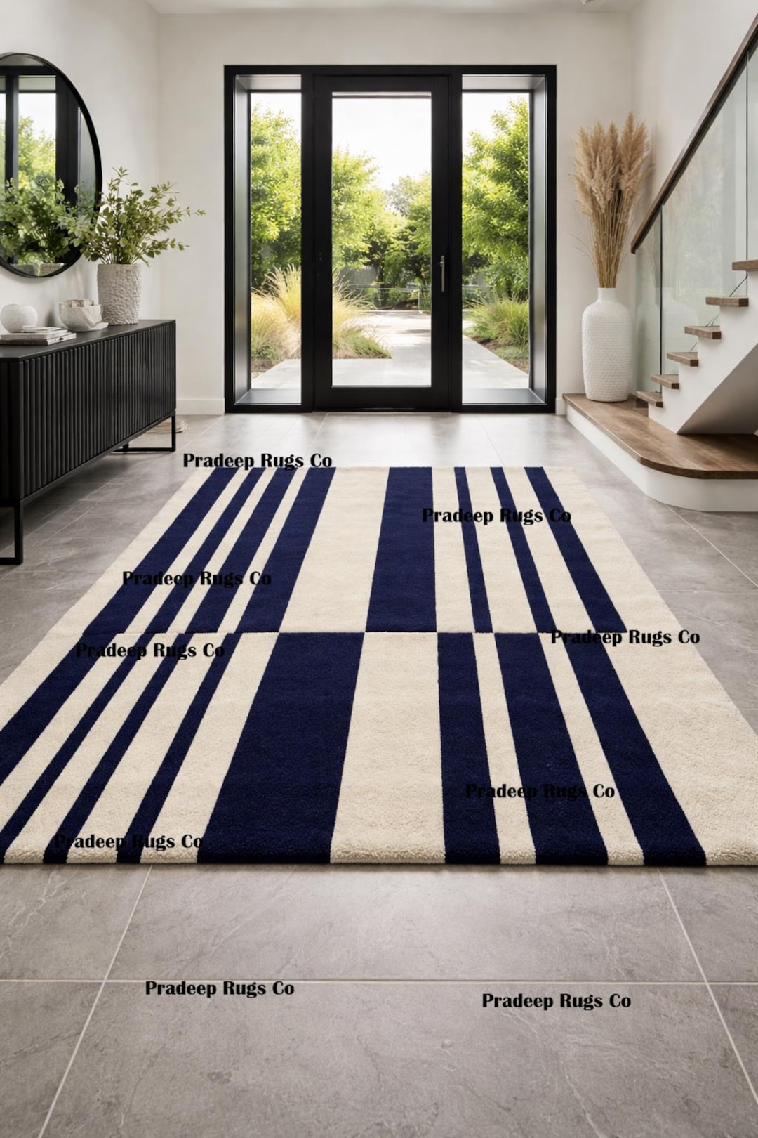Hand Tufted New Zealand Wool Rug| Modern Geometric Navy Blue Cream Area ...