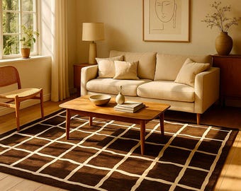 Handgetuft wollen vloerkleed | Bruin geometrisch raster, modern minimalistisch