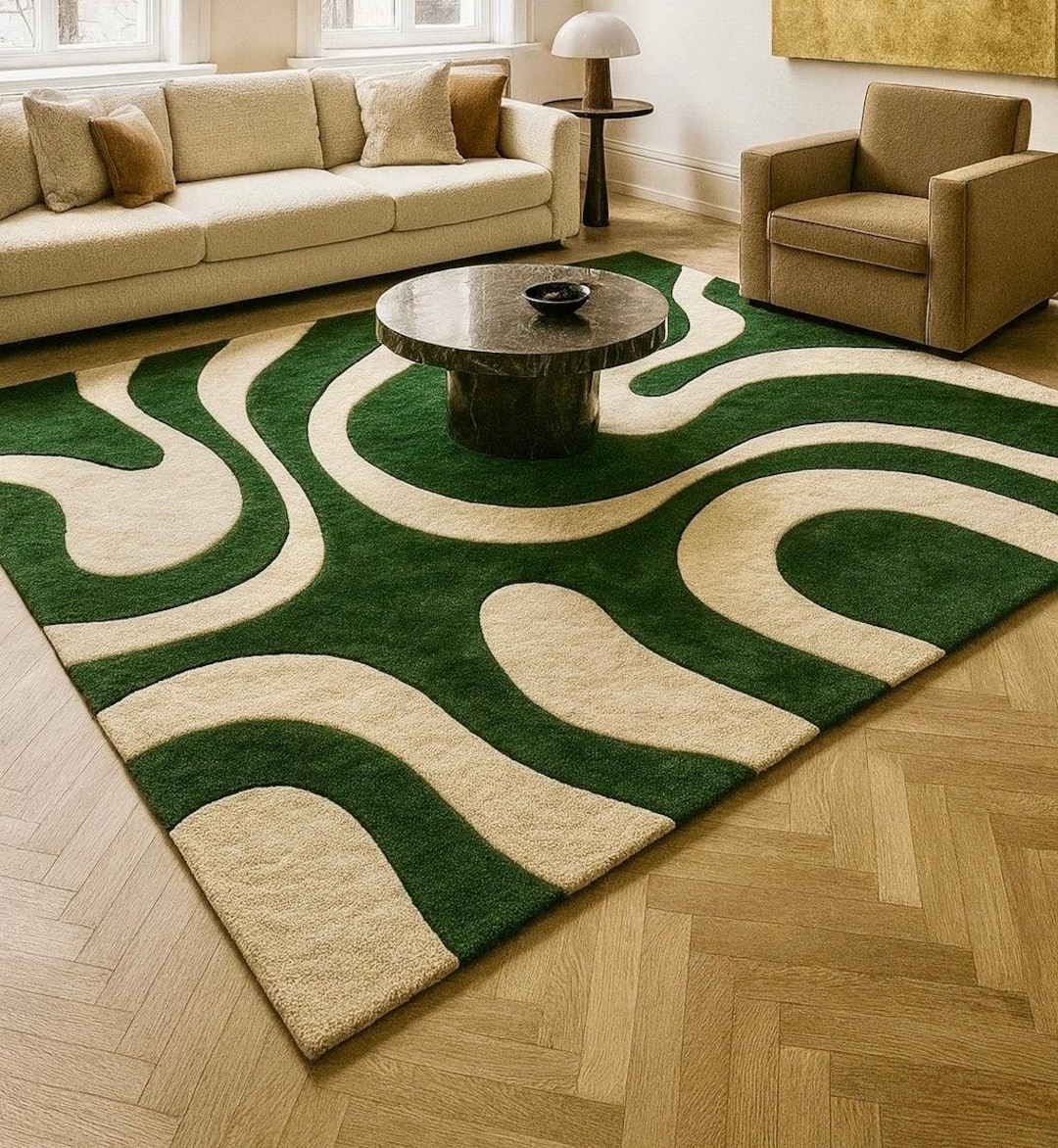 Hand Tufted Wool Rug | Modern Green & Beige Abstract Area Rug | - Etsy