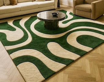 Hand Tufted Wool Rug | Modern Green & Beige Abstract Area Rug |