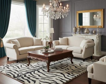 Hand-Tufted Wool Zebra Print Rug | Modern Black & White Accent Carpet | Stylish Living Room Decor