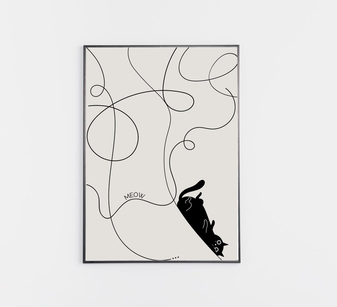 Playful Black Cat Wall Art – Minimalist Meow Line Art Poster, Funny Cat ...