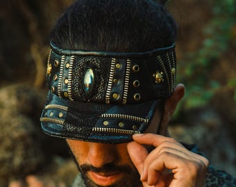 Festival Leder Visier: Anpassbare Steinkristalle, Messingdetails