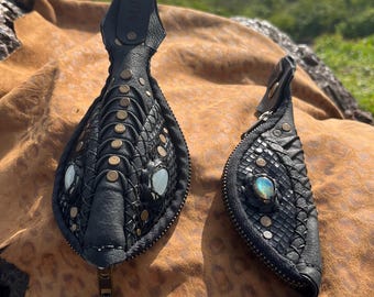 Handgefertigte Leder Mix Tasche mit Kristallen, Festival Accessoires